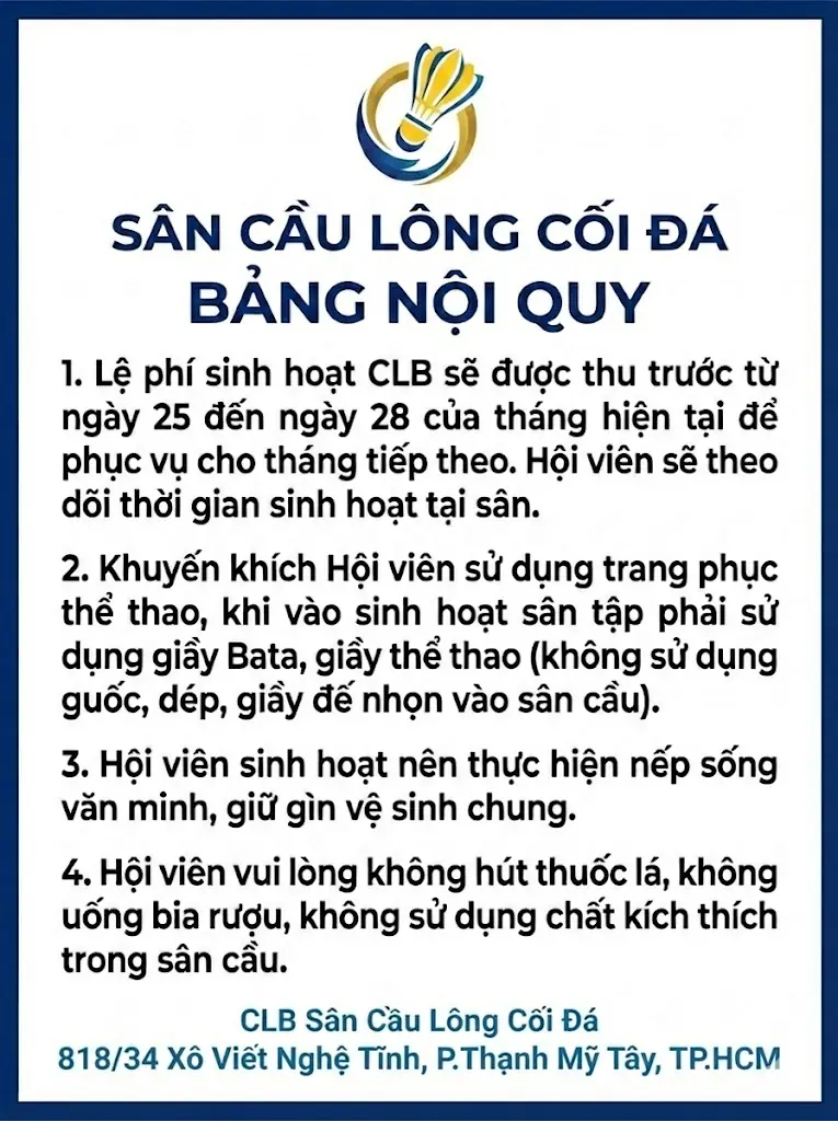 NỘI QUY S&Acirc;N CẦU L&Ocirc;NG CỐI Đ&Aacute;